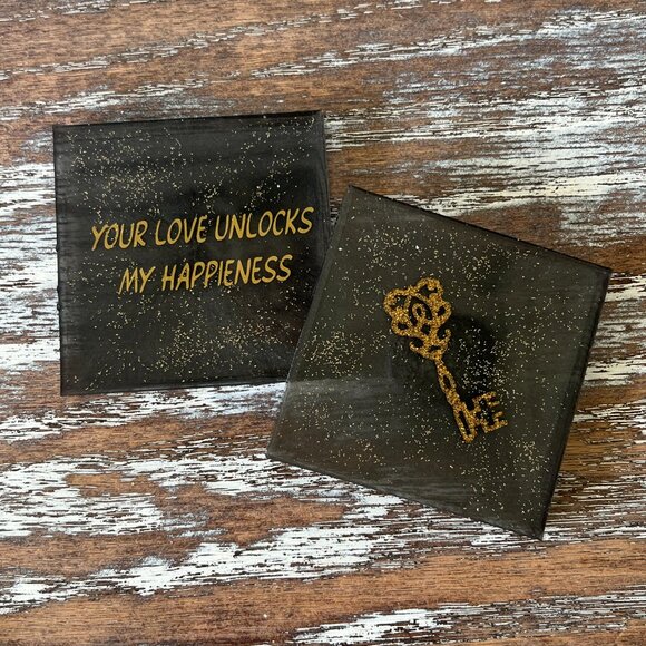 You Hold the Key to My Heart Glitter Resin Drink Coasters Set of 4 House Gift - Picture 3 of 5